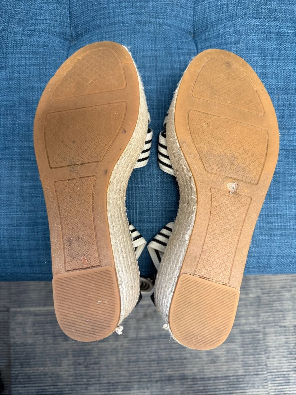 Tory Burch Black and Cream Striped Espadrille Platform Sandals